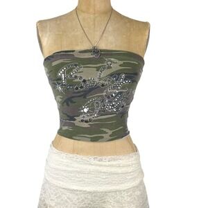 Y2K B&A Style Tube Top Rhinestone Camo Strapless Sz M Vintage 2000s McBling